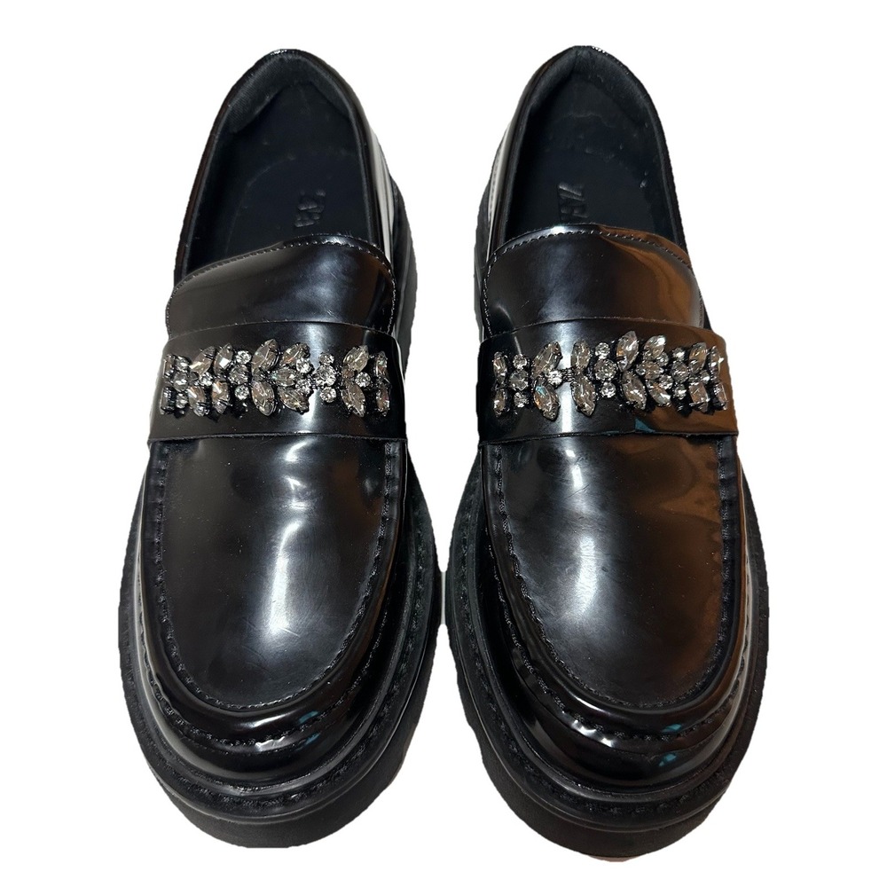 ZARA Women Chunky Black Faux Patent Leather‎ Rhinestone Loafers US 7.5 EU 38 NEW